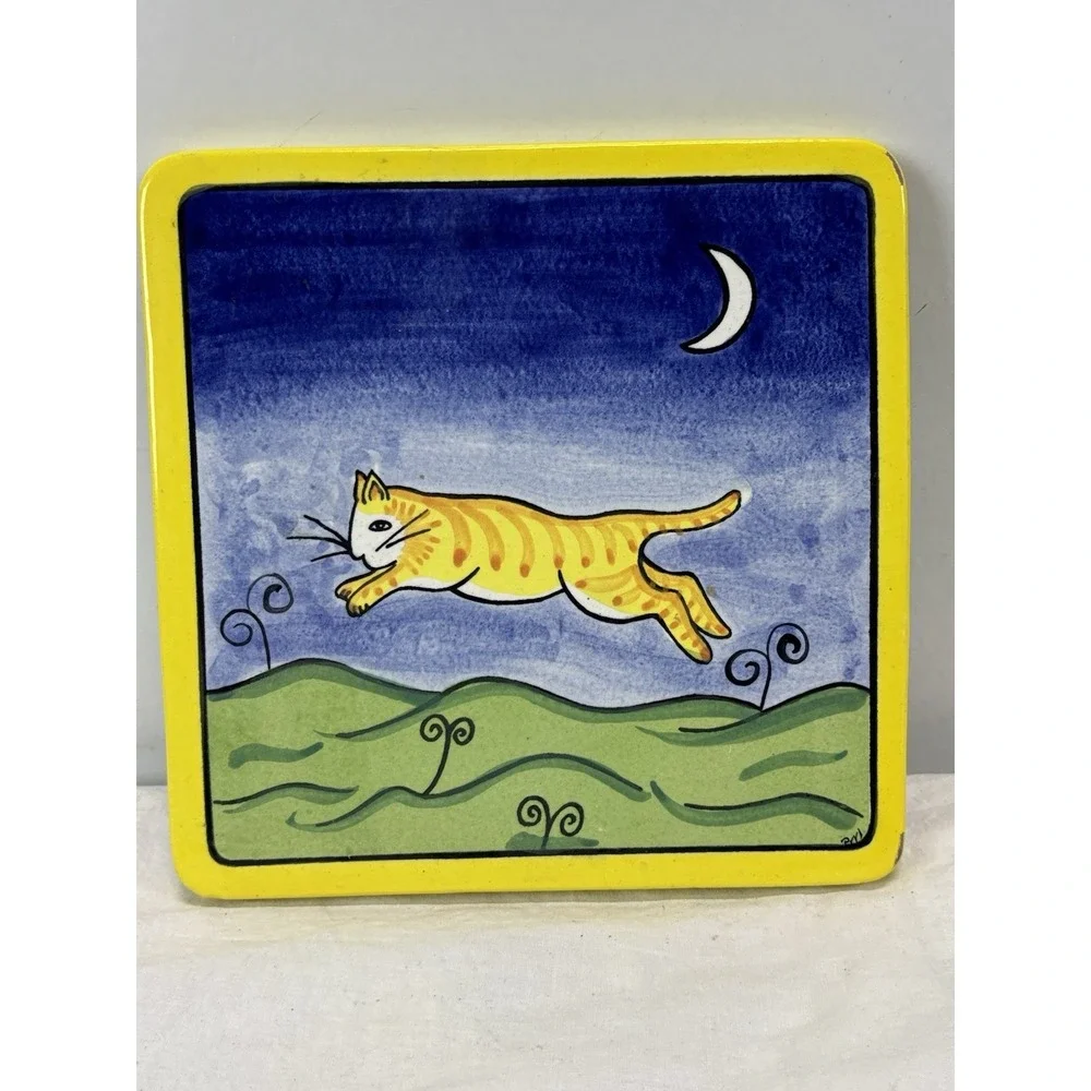 Vtg Cat Art Tile Trivet Folk Whimsical Wall Hanging Made In Mexico Colorful